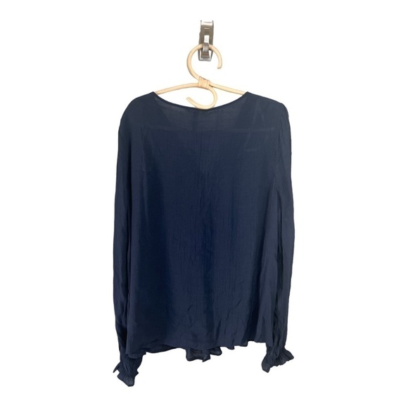 Nanette Lepore Sheer‎ Solid Navy Blue Pleated Ruffle V Neck Popover Blouse XL - Picture 3 of 14